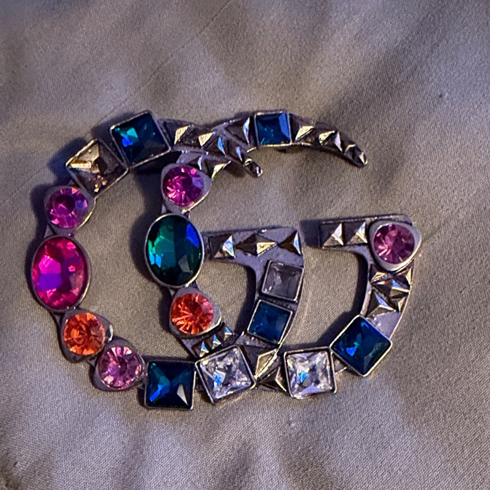 Gucci Silver Brooch with Pink and Blue Crystals